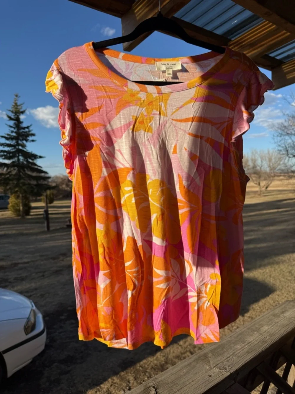 Kim & Cami Pink and Orange Tropical Print Short Sleeve Tee - Picture 2 of 7